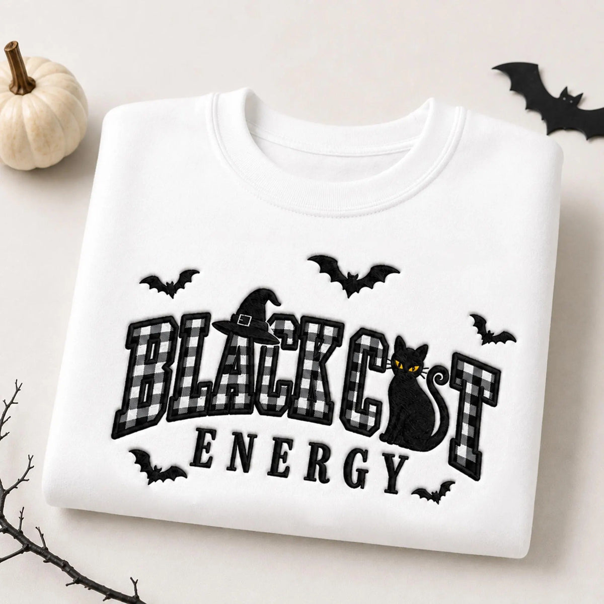 Embroidered Black Cat Energy Halloween Sweatshirt