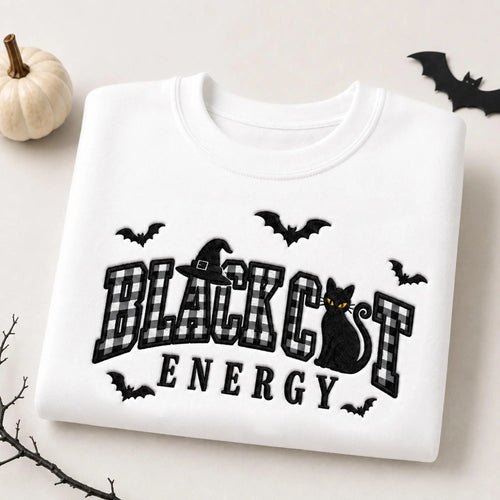 Embroidered Black Cat Energy Halloween Sweatshirt