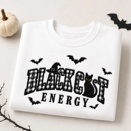 Embroidered Black Cat Energy Halloween Sweatshirt