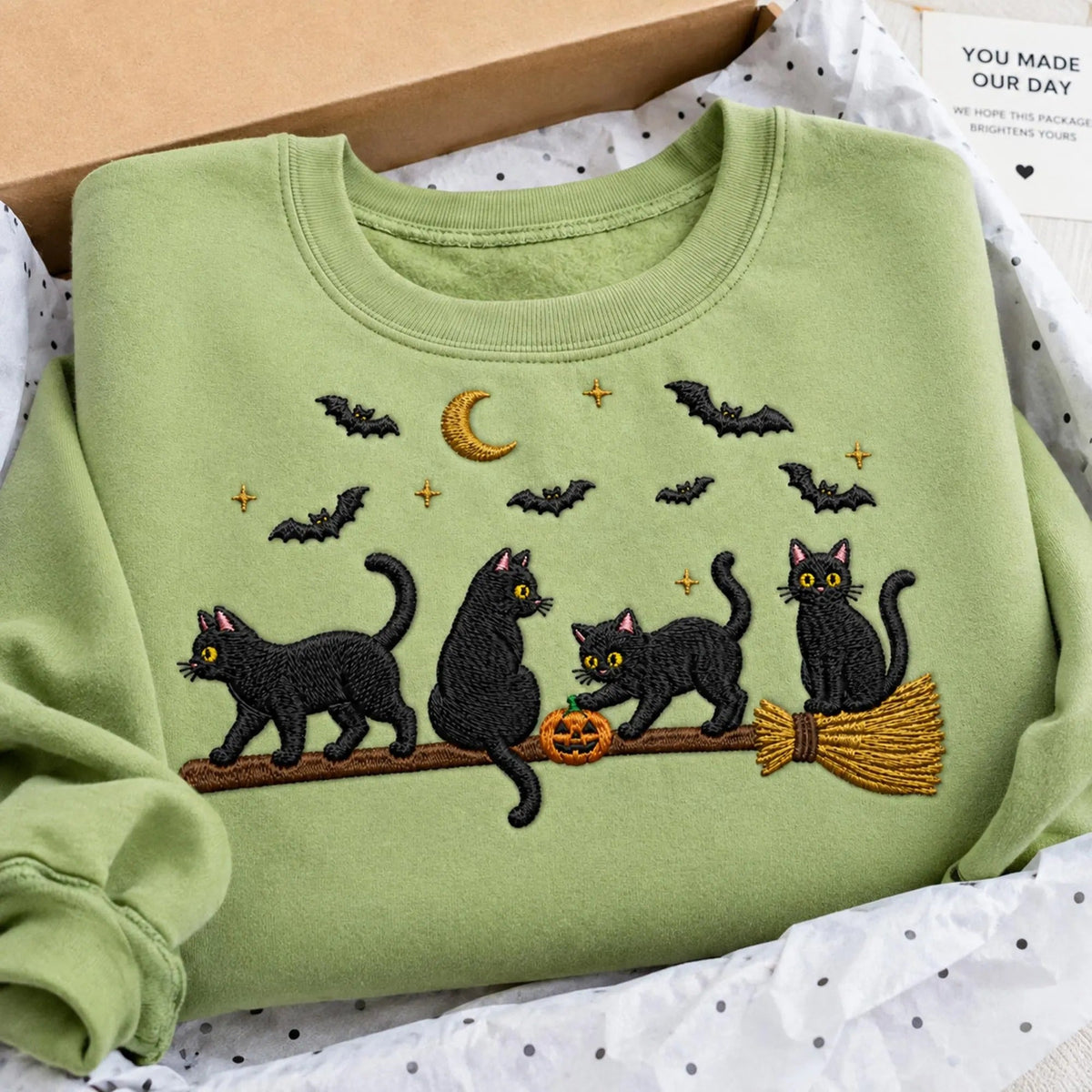 Embroidered Black Cat Broomstick Halloween Sweatshirt