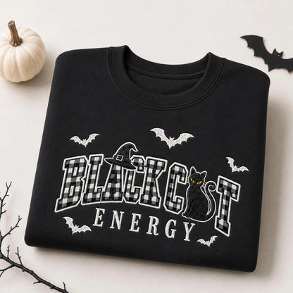 Embroidered Black Cat Energy Halloween Sweatshirt