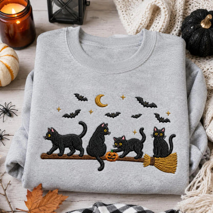 Embroidered Black Cat Broomstick Halloween Sweatshirt