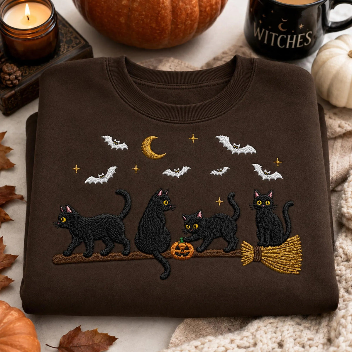 Embroidered Black Cat Broomstick Halloween Sweatshirt