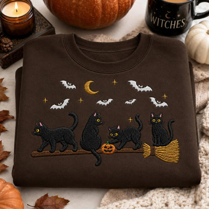 Embroidered Black Cat Broomstick Halloween Sweatshirt