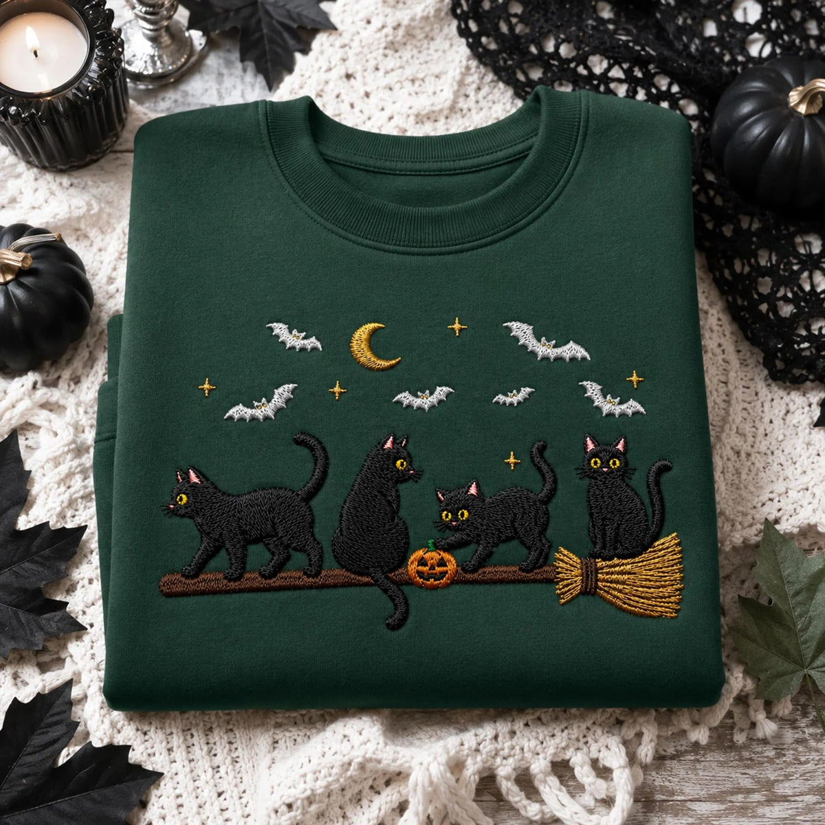 Embroidered Black Cat Broomstick Halloween Sweatshirt