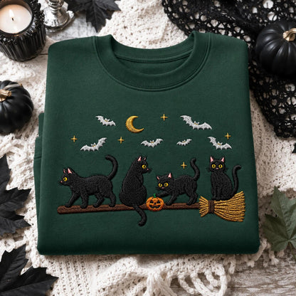 Embroidered Black Cat Broomstick Halloween Sweatshirt