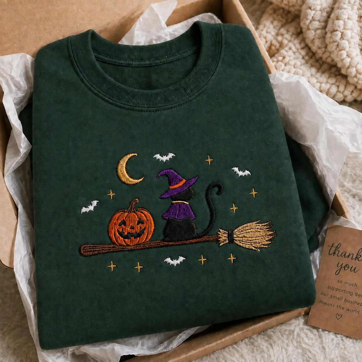 Embroidered Black Cat Broomstick Halloween Sweatshirt