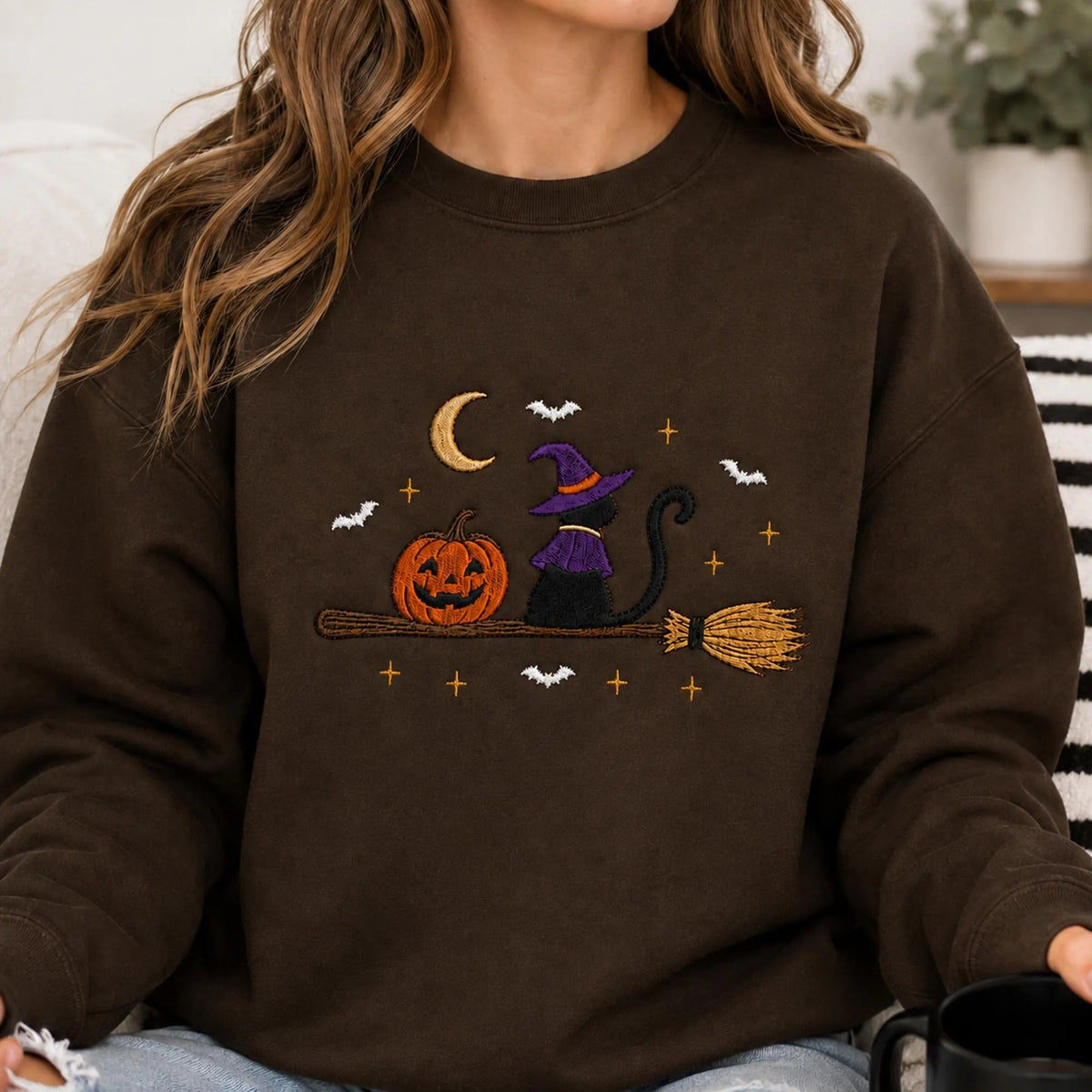 Embroidered Black Cat Broomstick Halloween Sweatshirt