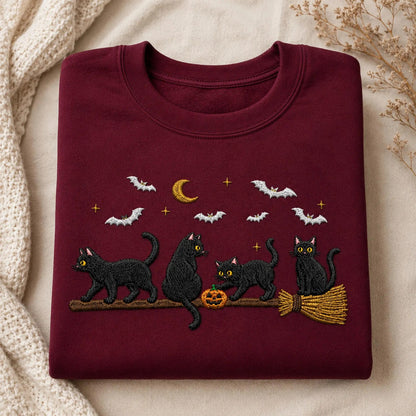 Embroidered Black Cat Broomstick Halloween Sweatshirt