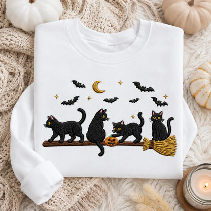 Embroidered Black Cat Broomstick Halloween Sweatshirt