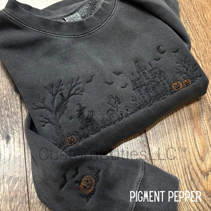 Embroidered Haunted Manor Halloween Sweatshirt