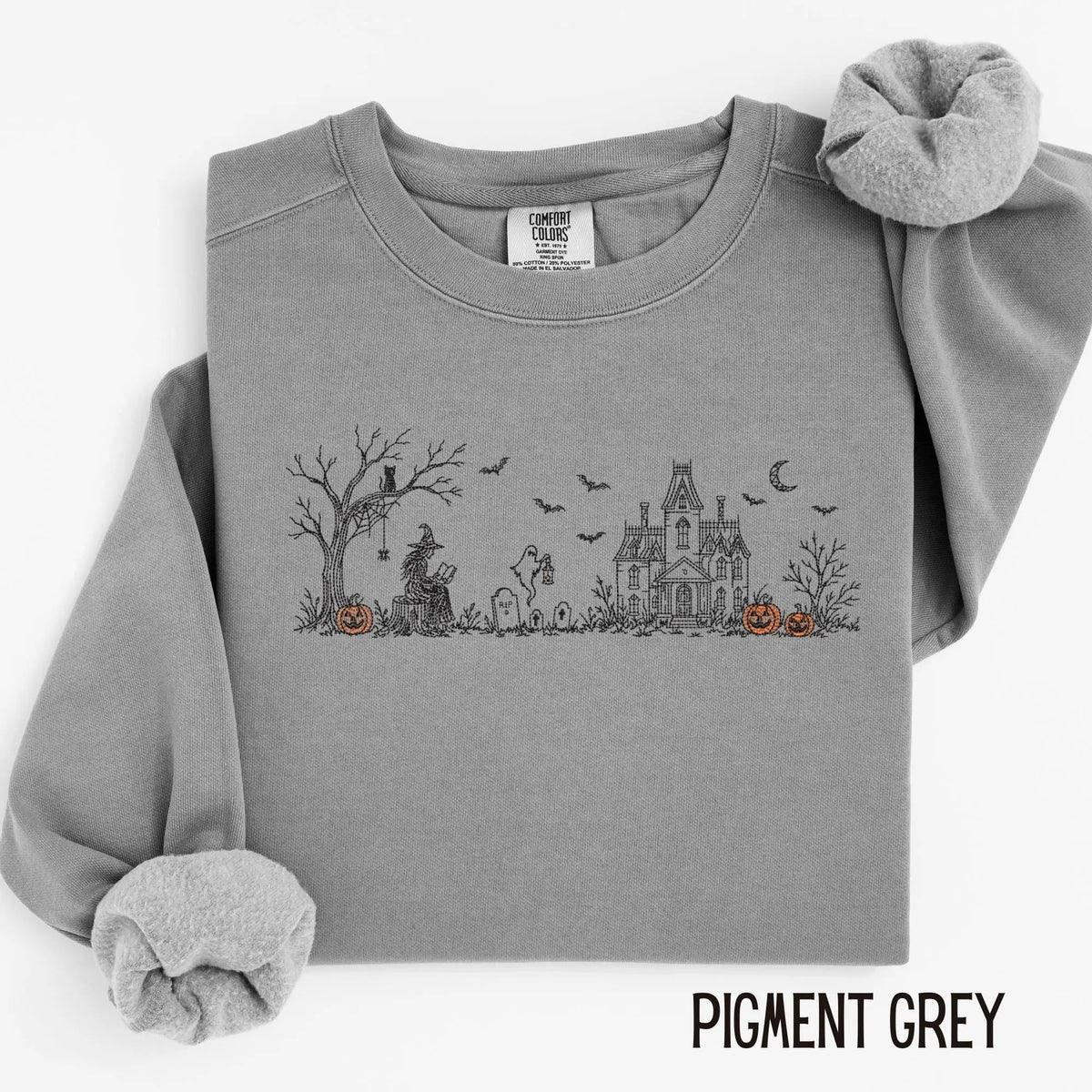 Embroidered Haunted Manor Halloween Sweatshirt