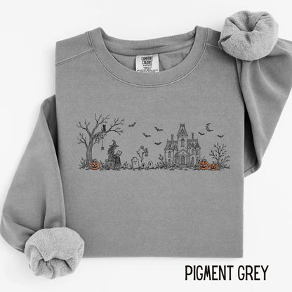 Embroidered Haunted Manor Halloween Sweatshirt