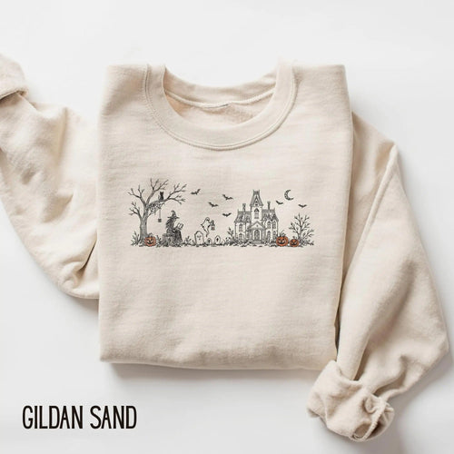 Embroidered Haunted Manor Halloween Sweatshirt