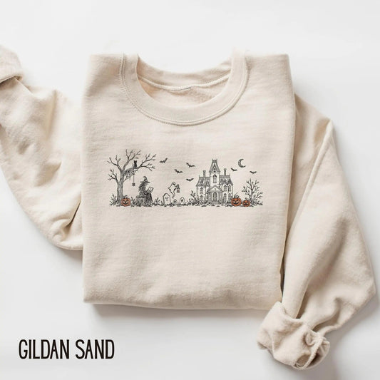 Embroidered Haunted Manor Halloween Sweatshirt