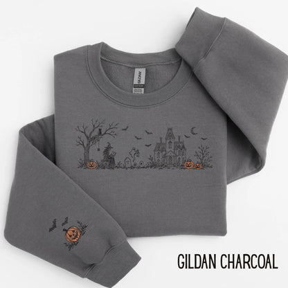 Embroidered Haunted Manor Halloween Sweatshirt