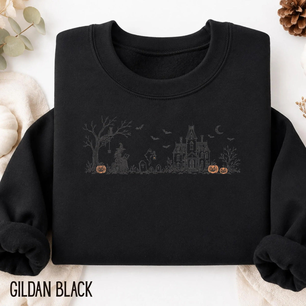 Embroidered Haunted Manor Halloween Sweatshirt
