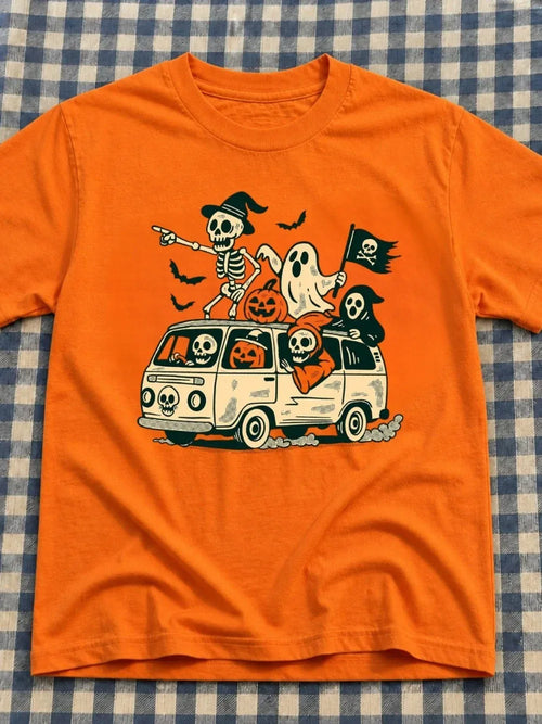 Halloween Skeleton Van Graphic Tee - Orange Vintage