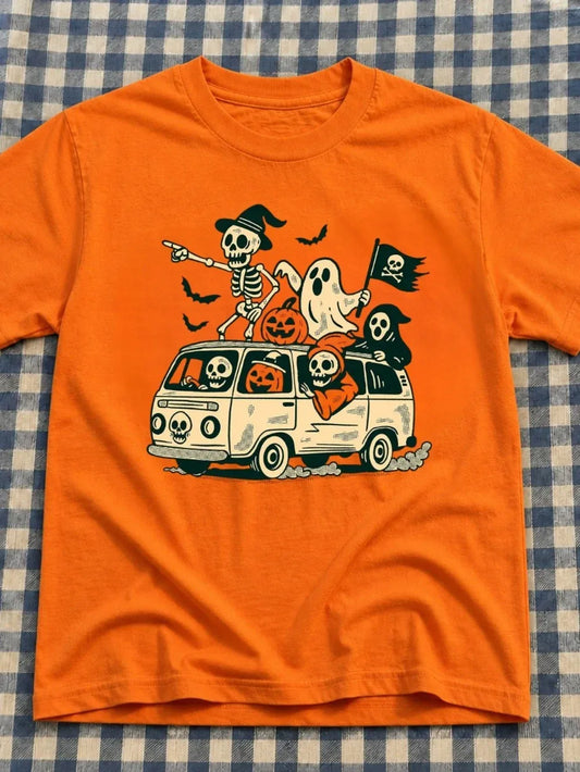 Halloween Skeleton Van Graphic Tee - Orange Vintage