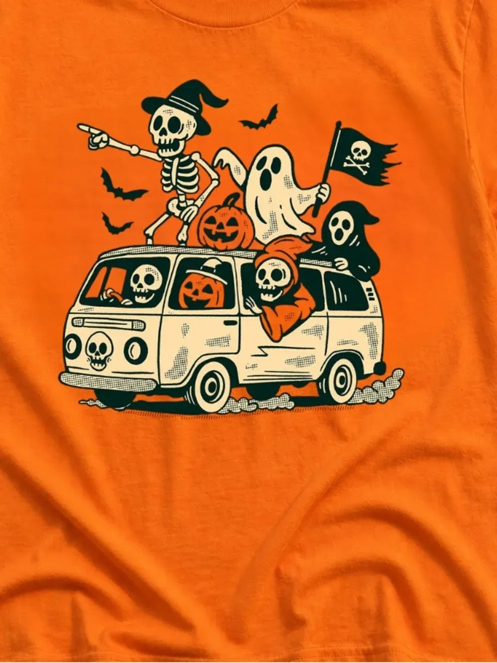 Halloween Skeleton Van Graphic Tee - Orange Vintage