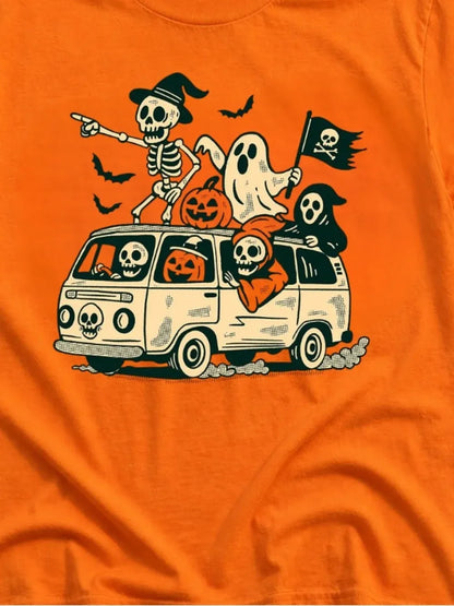 Halloween Skeleton Van Graphic Tee - Orange Vintage