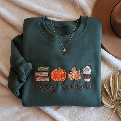 Embroidered Cozy Season Books & Pumpkin Sweatshirt