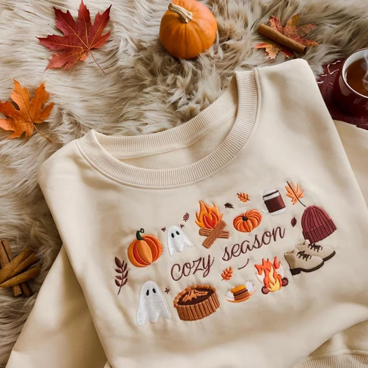 Cozy Season Embroidered Fall Sweatshirt