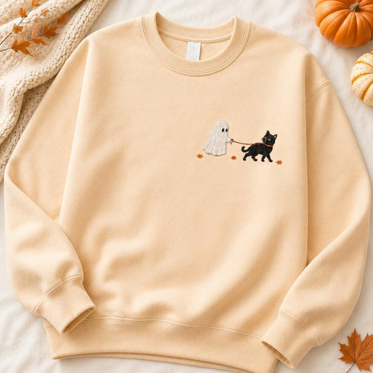Ghost & Black Cat Embroidered Halloween Sweatshirt