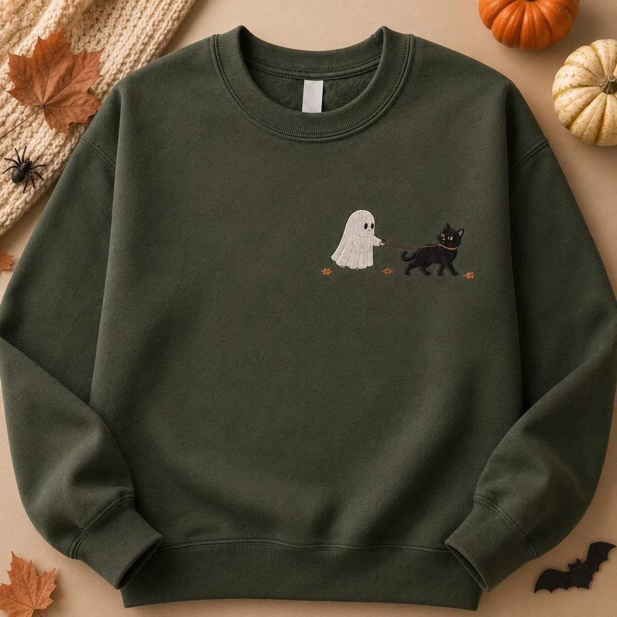 Ghost & Black Cat Embroidered Halloween Sweatshirt