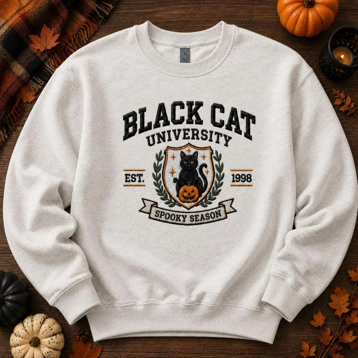 Embroidered Vintage Black Cat Halloween Sweatshirt