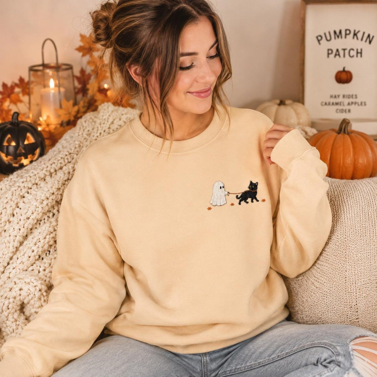 Ghost & Black Cat Embroidered Halloween Sweatshirt