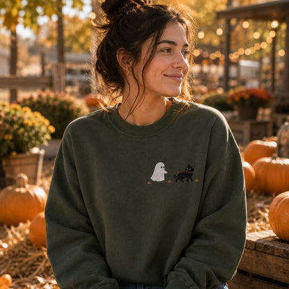 Ghost & Black Cat Embroidered Halloween Sweatshirt