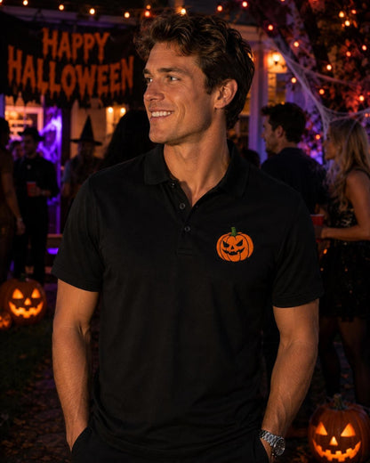 Embroidered Halloween Pumpkin Polo Shirt
