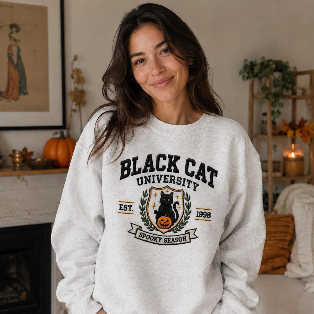 Embroidered Vintage Black Cat Halloween Sweatshirt