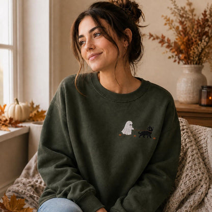 Ghost & Black Cat Embroidered Halloween Sweatshirt