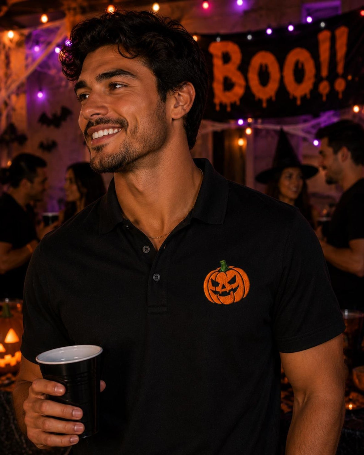 Embroidered Halloween Pumpkin Polo Shirt