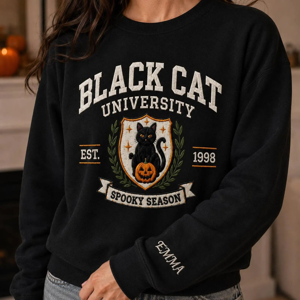 Embroidered Vintage Black Cat Halloween Sweatshirt