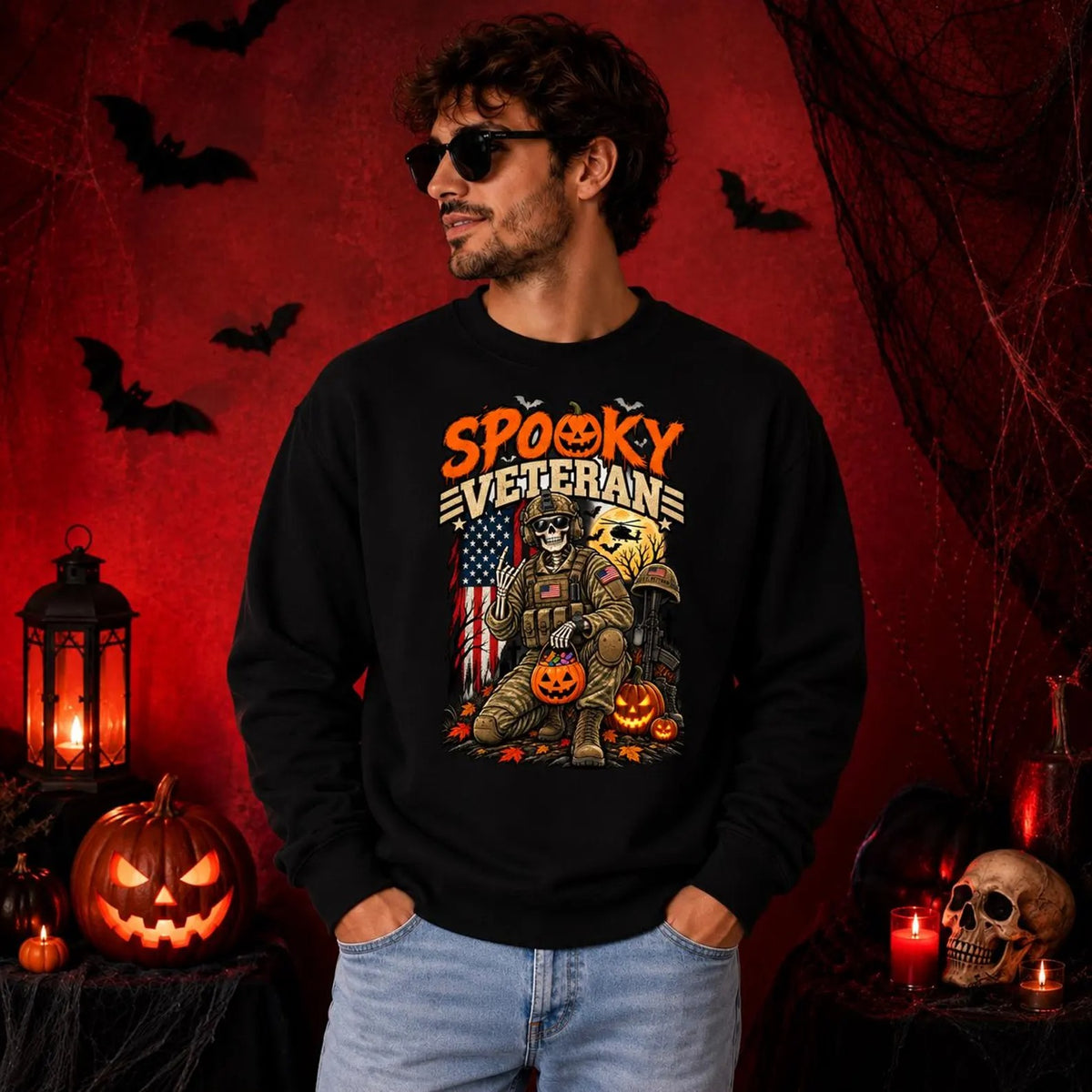 Spooky Veteran Halloween Skeleton Crewneck