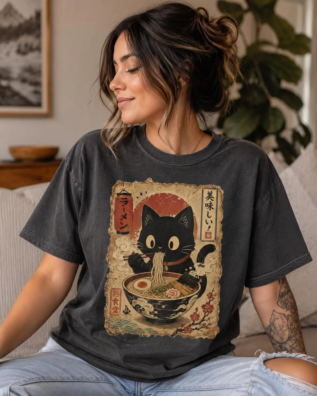 Ramen Black Cat Japanese Food Comfort Colors Shirt